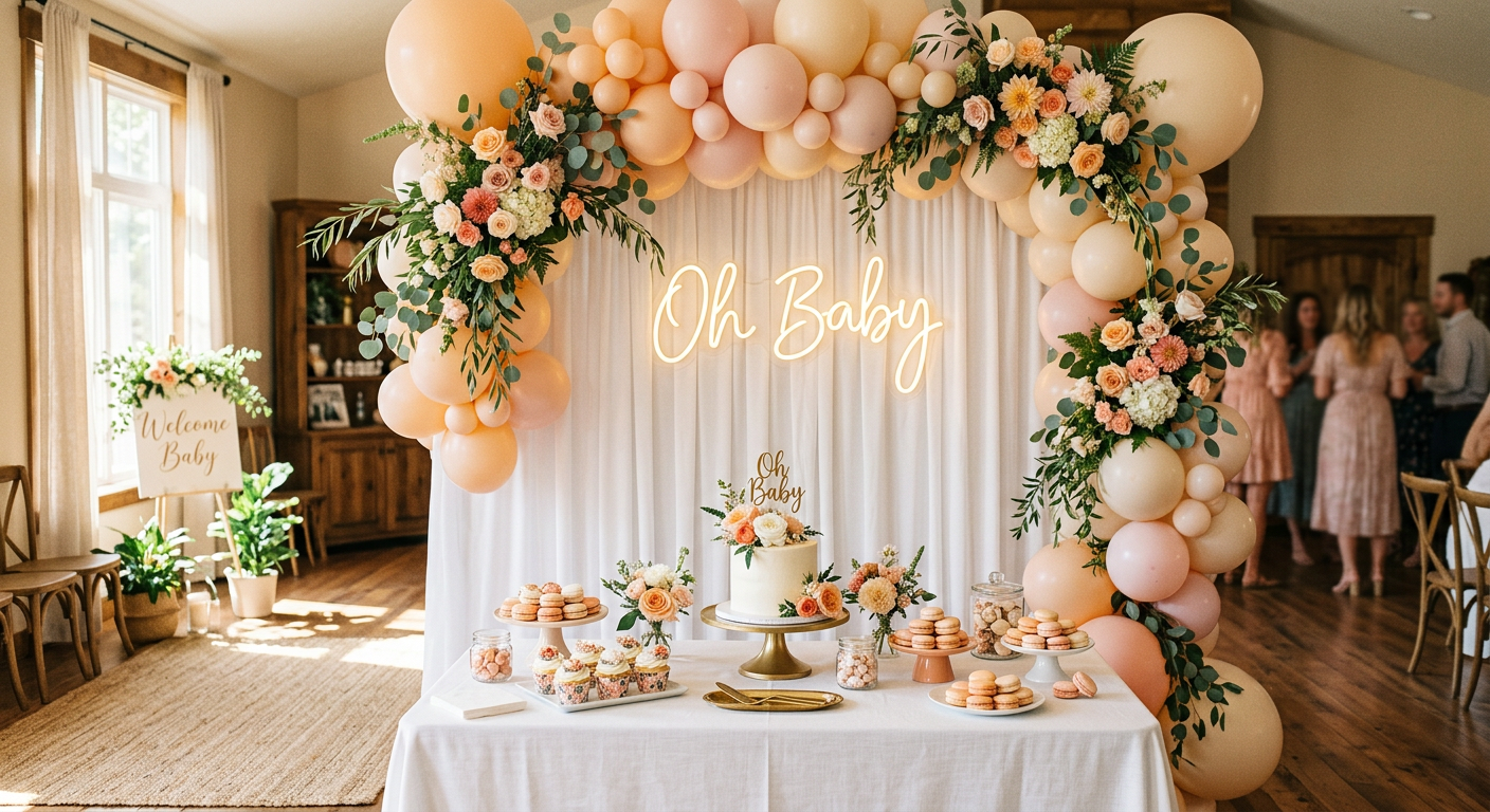 Babyparty-Dekoration mit Ballonbogen und Sweet Table