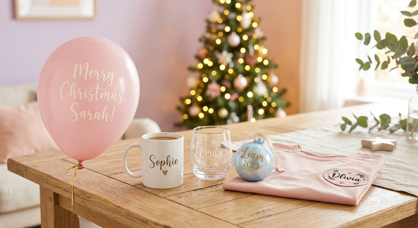 Personalisierte Geschenke: bedruckte Tasse, Glas, Weihnachtskugel, Shirt mit Patch und beschrifteter Ballon