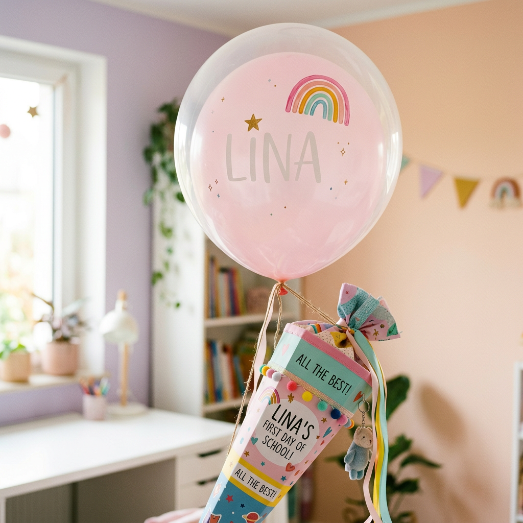 Beschrifteter Ballon an einer Schultüte