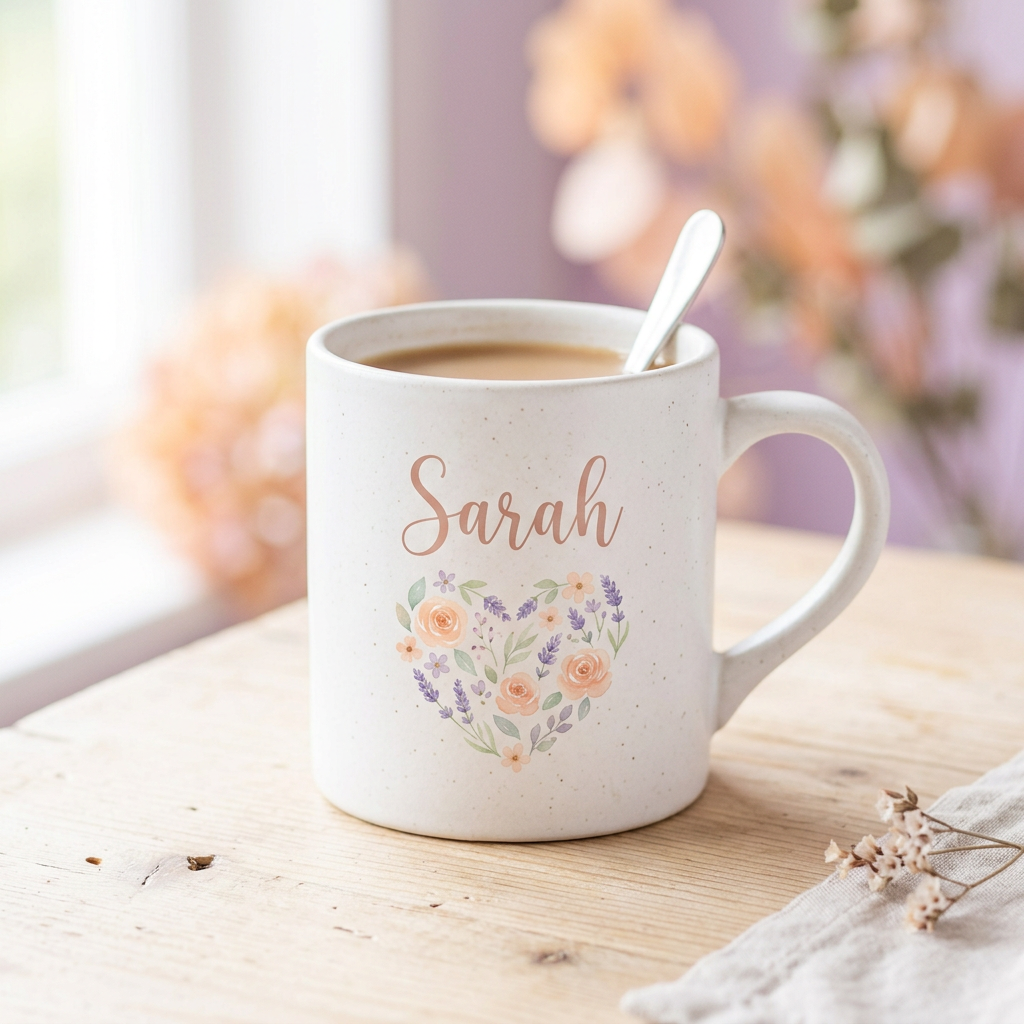 Weiße Tasse mit Namen und Blumenherz bedruckt