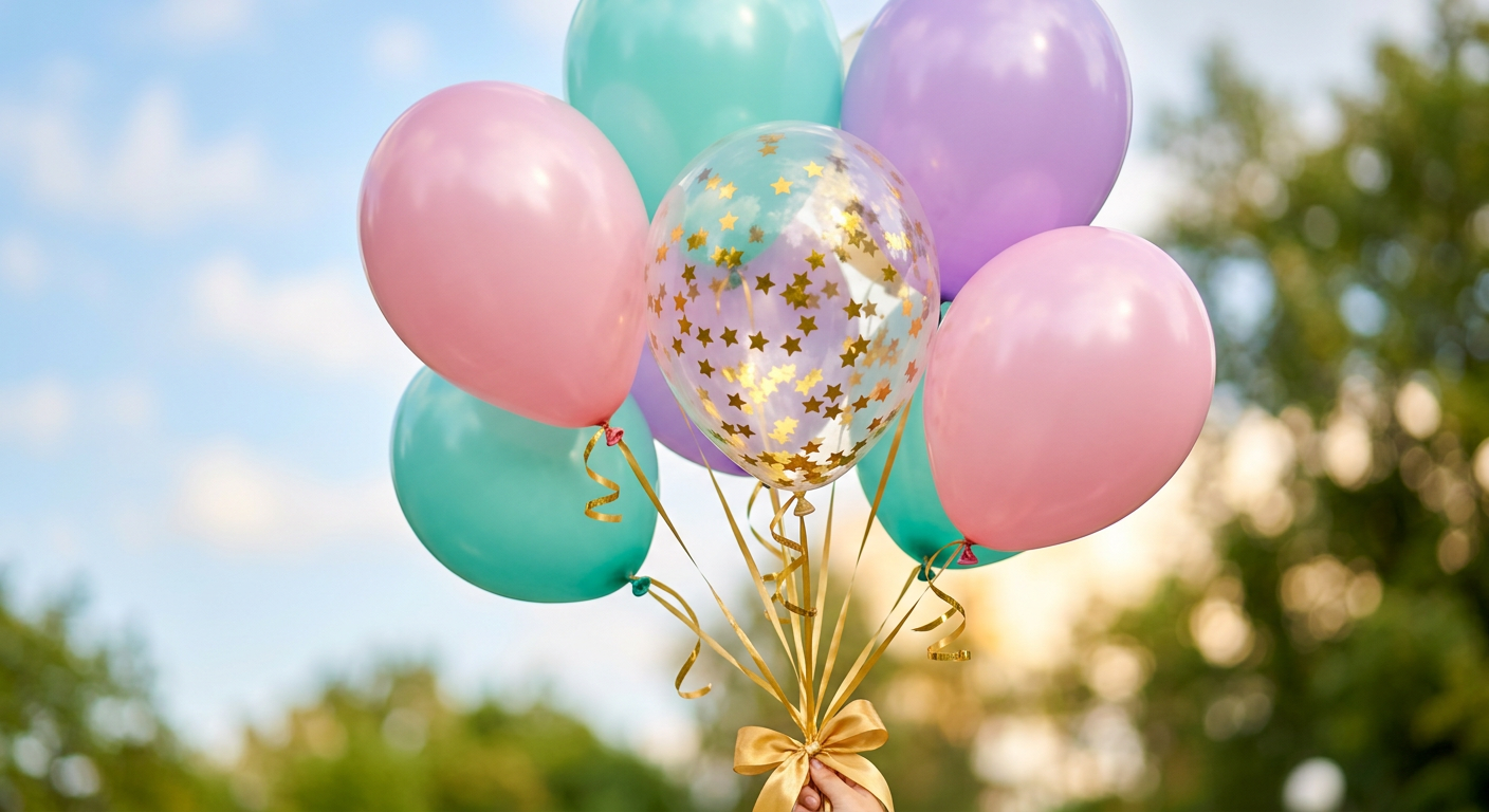 Pastellfarbene Luftballons mit Konfetti-Ballon