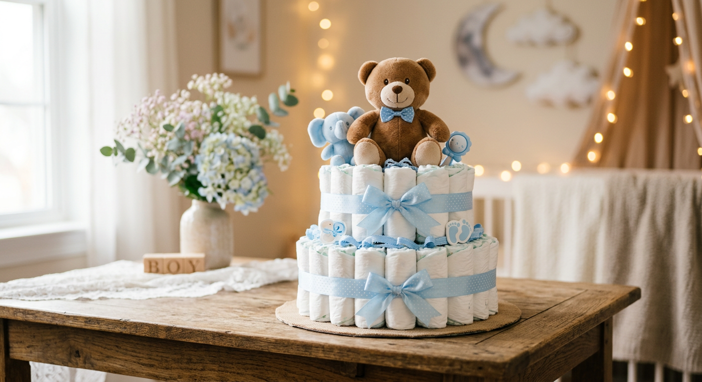 Windeltorte in Hellblau mit Teddybär für Jungen
