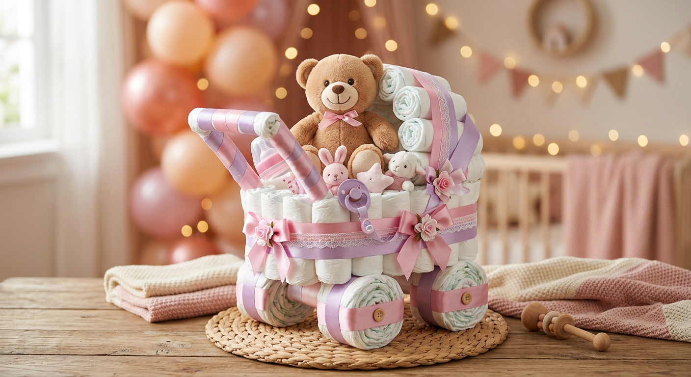 Windeltorte „Kinderwagen“ mit Teddybär, rosa Schleifen und Babyzubehör