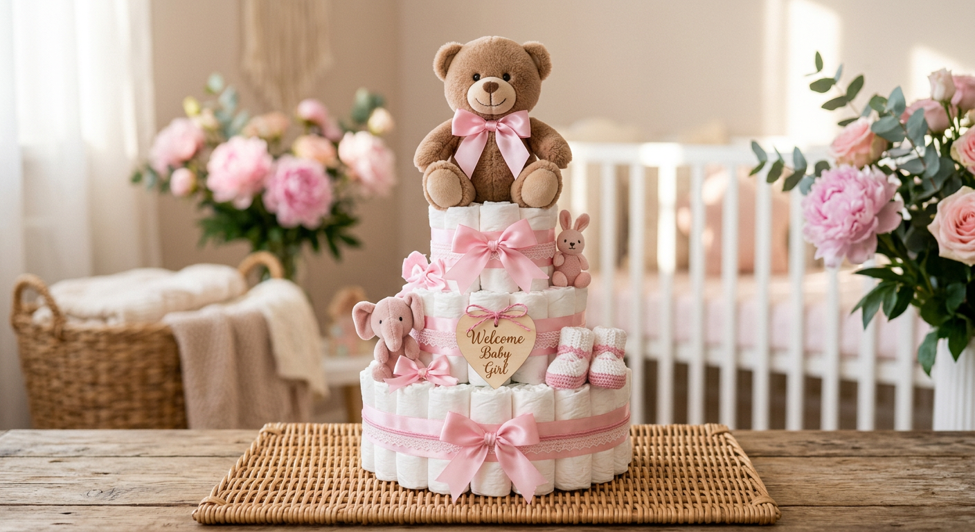 Windeltorte in Rosa mit Teddybär für Mädchen