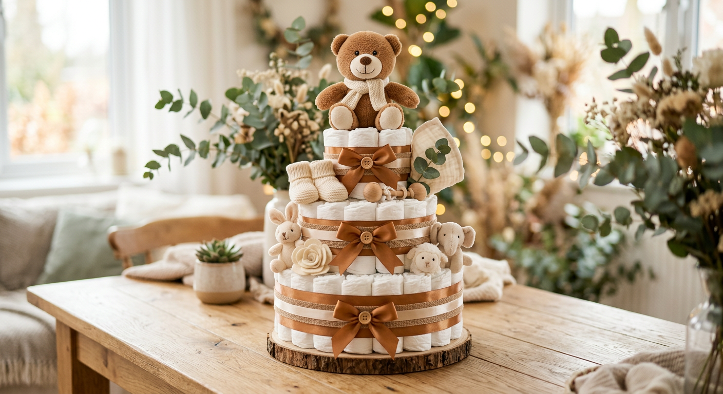 Windeltorte in Beige und Braun, neutral gestaltet